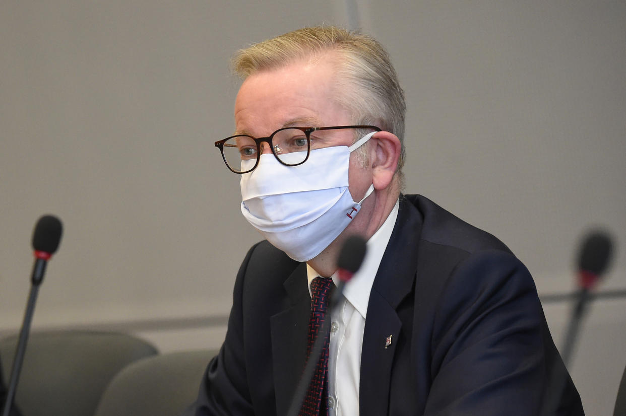 Chancellor of the Duchy of Lancaster Michael Gove, right, attends the third meeting of the EU-UK Joint Committee at EU headquarters in Brussels, Monday, Sept. 28, 2020. Chancellor of the Duchy of Lancaster Michael Gove on Monday met with Vice-President of the European Commission in charge of Inter-institutional relations and Foresight Maros Sefcovic and EU chief Brexit negotiator Michel Barnier by videoconference. (John Thys, Pool via AP)