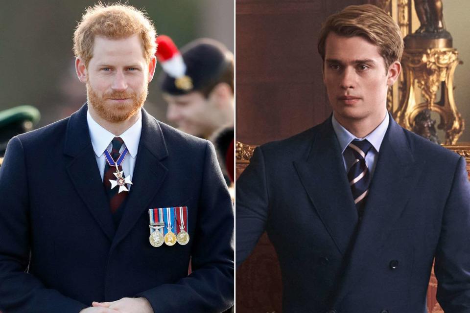 <p>Max Mumby/Indigo/Getty; Amazon Prime</p> Prince Harry in 2017; Nicholas Galitzine as Prince Henry in "Red, White & Royal Blue" (2023)