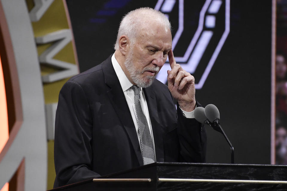 Gregg Popovich speaks during his enshrinement at the Basketball Hall of Fame, Saturday, Aug. 12, 2023, in Springfield, Mass. (AP Photo/Jessica Hill)