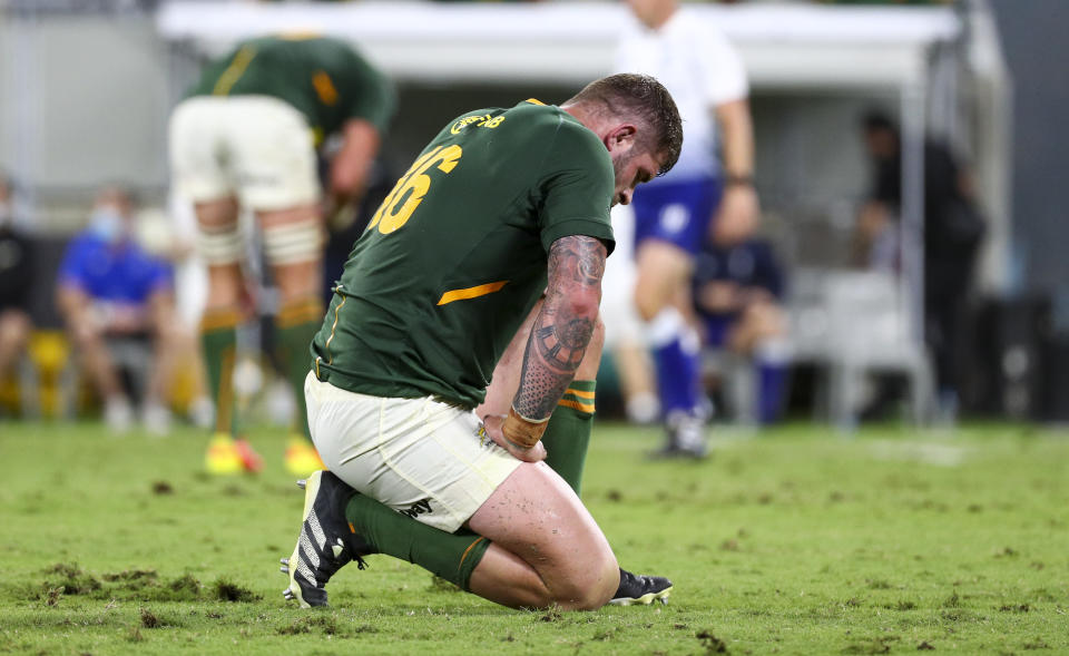 South Africa's Malcolm Marx reacts following the Rugby Championship test match between the Springboks and the All Blacks in Townsville, Australia, Saturday, Sept. 25, 2021. (AP Photo/Tertius Pickard)