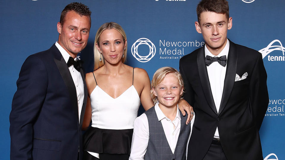 Lleyton Hewitt, picctured here with wife Bec, son Cruz and Alex de Minaur at the 2018 Newcombe Medal.