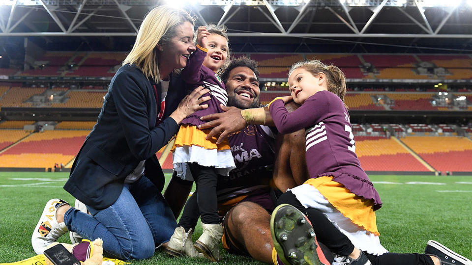 Seen here, Sam and Rachel Thaiday with their two daughters at Suncorp Stadium.