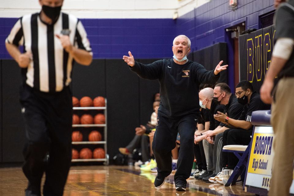 Bogota Boys Basketball Coach Jay Mahoney on his way to winning his 700th career victory during a game against Palisades Park at Bogota High School on Thursday, January 27, 2022. 