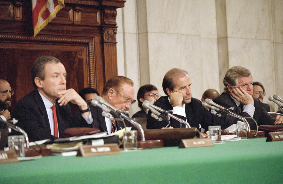 Senate Judiciary Committee Chairman Joseph Biden, third from left, listens during confirmation hearings for Supreme Court nominee Robert H. Bork, Sept. 21, 1987.
