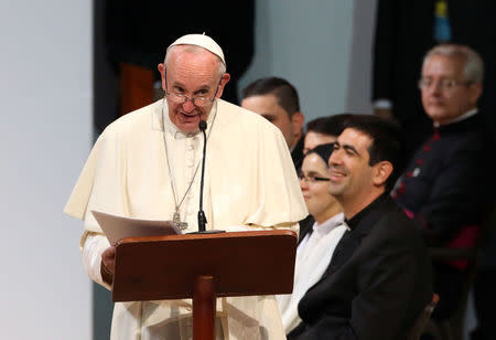 Pope Francis participates in an activity for priests, religious members and their families at La Macarena stadium in Medellin, Colombia September 9, 2017. REUTERS/Henry Romero