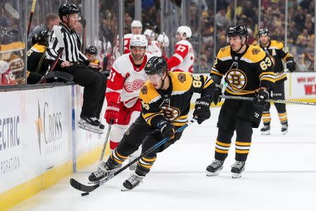 Oct 13, 2018; Boston, MA, USA; Boston Bruins left wing David Pastrnak (88) moves the puck during the third period against the Detroit Red Wings at TD Garden. Mandatory Credit: Paul Rutherford-USA TODAY Sports