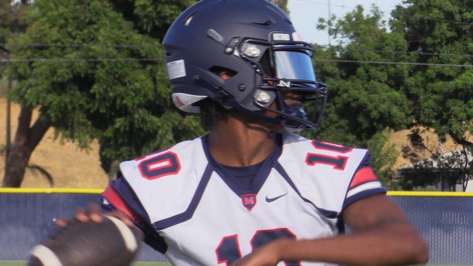 San Joaquin Memorial quarterback Jaylen Patterson prepares for the 2023 high school football season. ANTHONY GALAVIZ/agalaviz@fresnobee.com