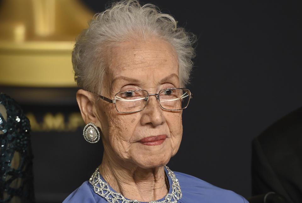 FILE - Katherine Johnson, the inspiration for the film, "Hidden Figures," poses in the press room at the Oscars at the Dolby Theatre in Los Angeles, Feb. 26, 2017. Ahead of President Joe Biden’s State of the Union speech on Tuesday, Feb. 7, 2023, The Associated Press instructed the artificial intelligence program ChatGPT to work up State of the Union speeches as they might have been written by some of history's most famous people, including Johnson. (Photo by Jordan Strauss/Invision/AP, File)