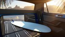 <p>The concept's large glass roof panel lets the sun shine in, and the truck's styling is accented by an aluminum hoop that runs up the body behind the rear doors, around the top of the roof, and down the other side.</p>
