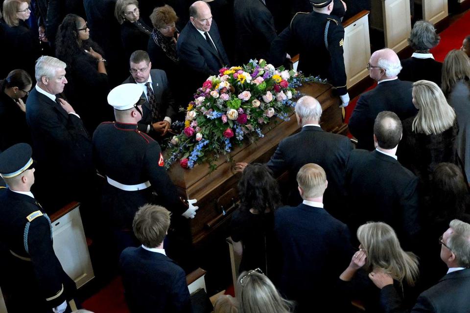 <p>ANDREW CABALLERO-REYNOLDS/AFP via Getty Images</p> The casket of former US First Lady Rosalynn Carter 