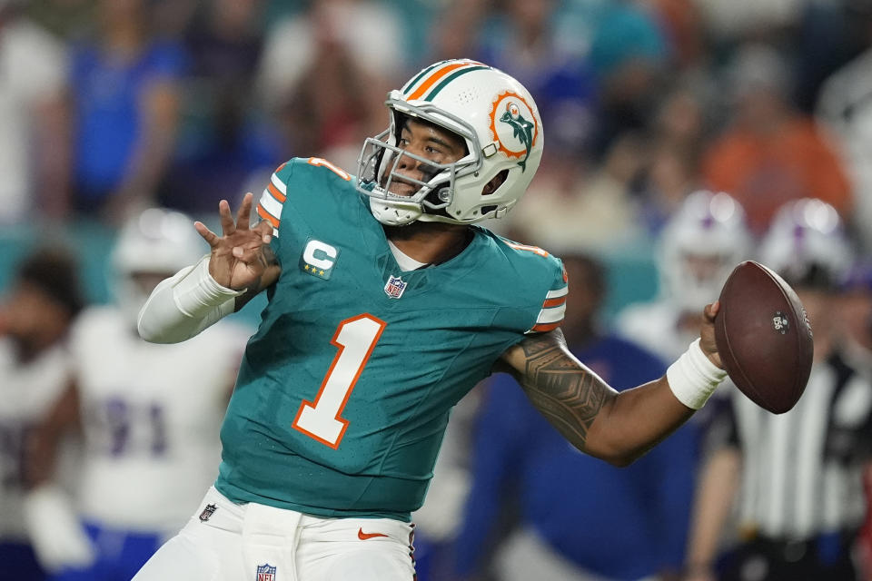 Miami Dolphins quarterback Tua Tagovailoa left Thursday's game after a big hit. (AP Photo/Rebecca Blackwell)