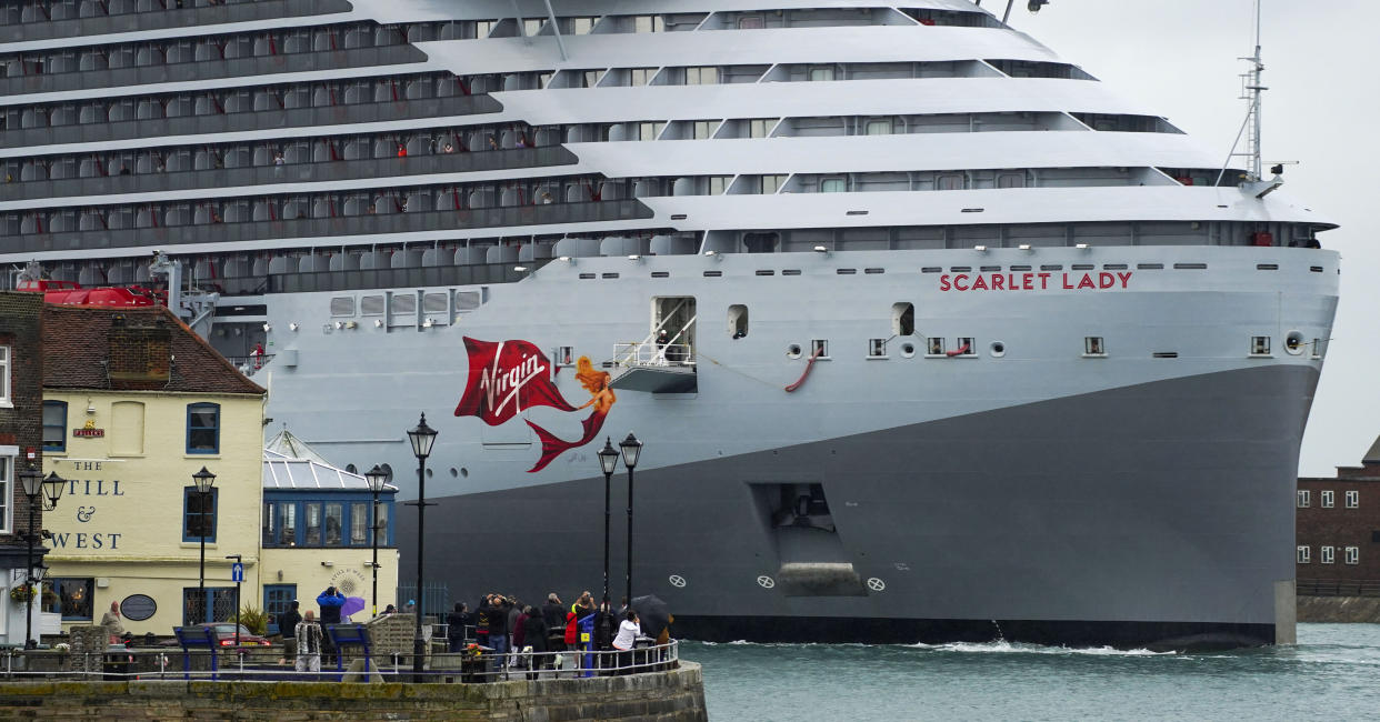 Virgin Voyage's luxury cruise ship Scarlet Lady arrives into Portsmouth for the first time. The 110,000-tonne liner is the largest ship to have ever docked in the city, bigger than both of the Royal Navy's aircraft carriers. Picture date: Monday June 21, 2021. (Photo by Steve Parsons/PA Images via Getty Images)