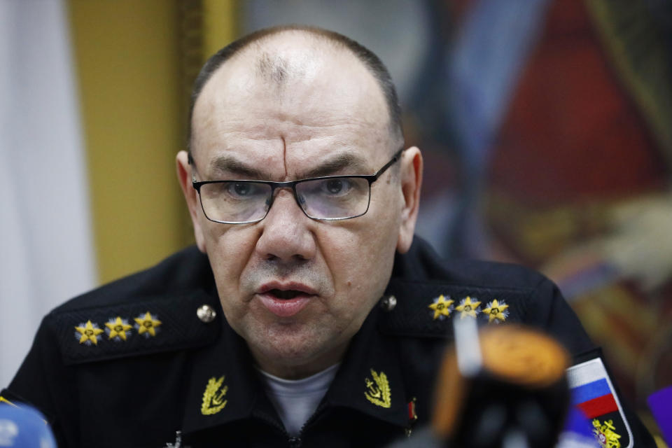 Adm. Alexander Moiseyev, the commander of Russia's Northern Fleet speaks to journalists on the board of the Northern Fleet's flagship, the Pyotr Veilikiy (Peter the Great) missile cruiser at Arctic base of Severomorsk, Russia, Thursday, May 13, 2021. A top Russian admiral has griped about increased NATO's military activities near the country's borders, describing them as a threat to regional security. Moiseyev said that NATO navy ships' presence in the Barents Sea and the Norwegian Sea have reached levels unseen since World War II. (AP Photo/Alexander Zemlianichenko)