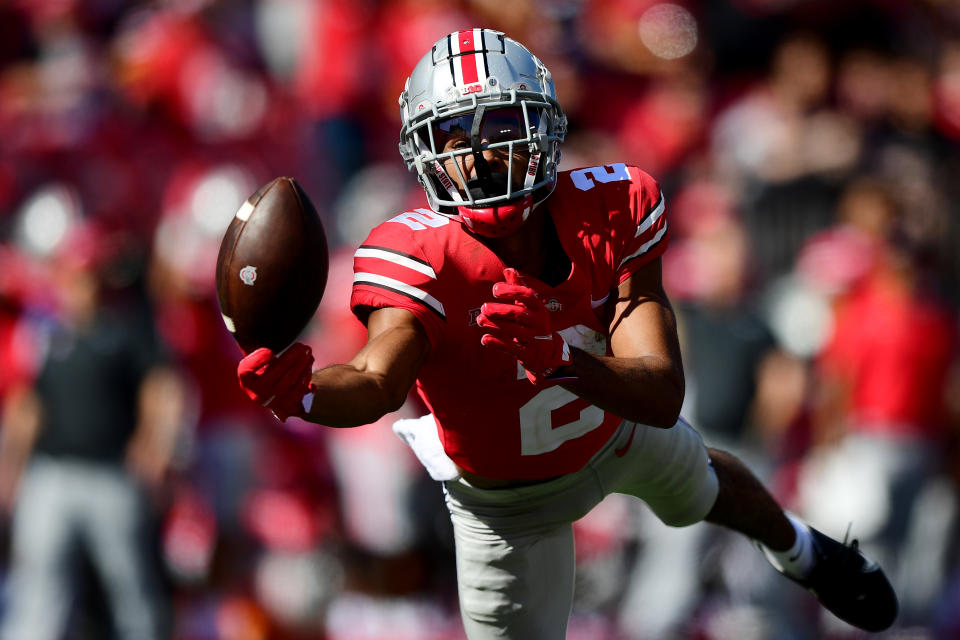 Ohio State WR Chris Olave has authored some spectacular catches for the Buckeyes. (Photo by Emilee Chinn/Getty Images)