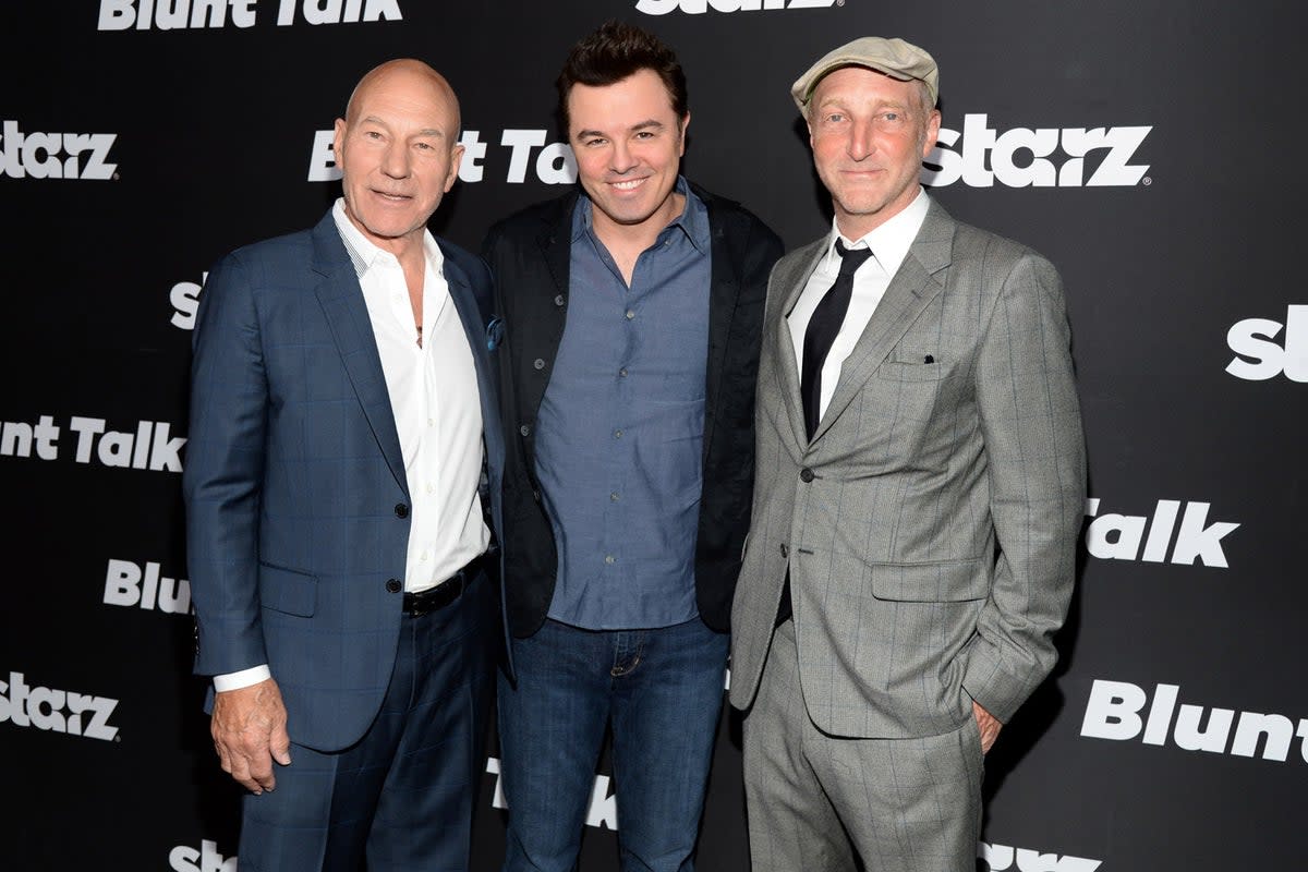  Seth MacFarlane (centre) pictured with Sir Patrick Stewart and Jonathan Ames.  (Michael Kovac/Getty)