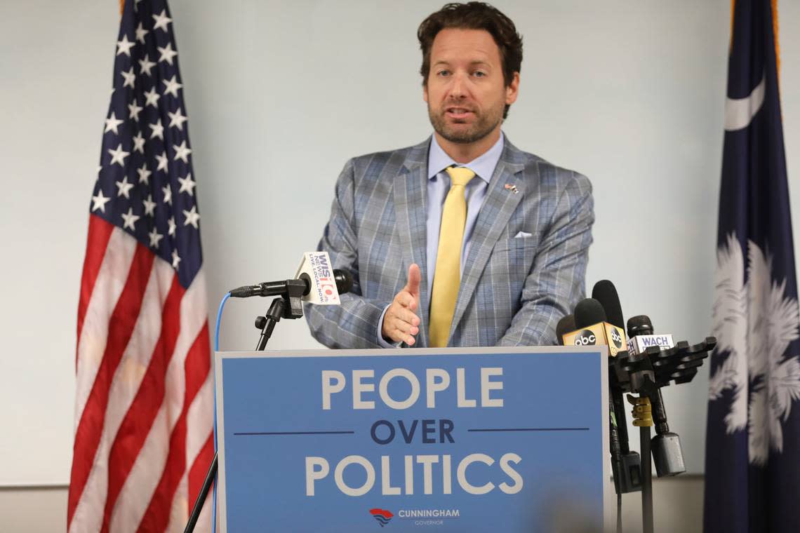 South Carolina Democratic nominee for governor Joe Cunningham holds a news conference to say he would veto any further restrictions on abortion if he becomes governor on Monday, June 27, 2022, in Columbia, S.C. (AP Photo/Jeffrey Collins)