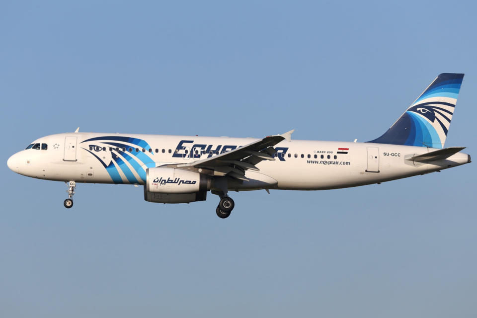 This January 2015 image shows an EgyptAir Airbus A320 with the registration SU-GCC in the air near Zaventem airport, in Brussels. Egyptian aviation officials said on Thursday, May 19, 2016, that EgyptAir Flight 804 with the registration SU-GCC, traveling from Paris to Cairo with 66 passengers and crew on board, has crashed. The officials say the search is now underway for the debris. (AP Photo/Kevin Cleynhens)