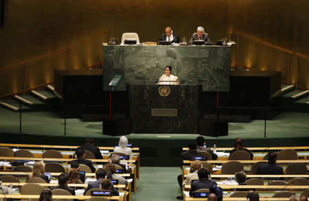 Sushma Swaraj addresses attendees during the 70th session of the United Nations General Assembly at the U.N. Headquarters in New York, October 1, 2015. REUTERS/Mike Segar