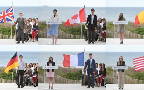 This combination of 6 pictures shows (from Top left) A English teenager, a Canadian teenager, a Belgian teenager, a German teenager, a French teenager and a US teenager delivering a speech during an international ceremony on Juno Beach - Credit: &nbsp;LOIC VENANCE / AFP