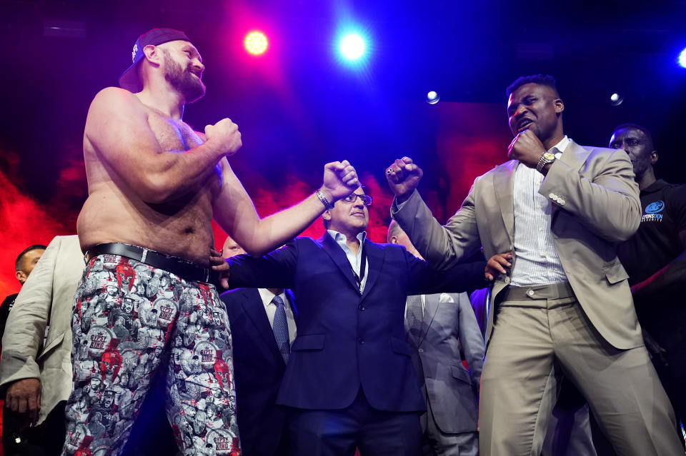 Tyson Fury (left) and Francis Ngannou (right) during a press conference at HERE at Outernet, London. Picture date: Thursday September 7, 2023. (Photo by James Manning/PA Images via Getty Images)