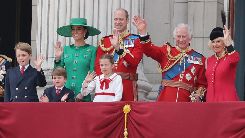 PHOTO: Prince George, Prince Louis, Princess Charlotte, Catherine, Princess of Wales, Prince William, Prince of Wales, King Charles III and Queen Camilla stand on the balcony of Buckingham Palace during the Trooping the Color, June 17, 2023, in London. (Neil Mockford/Getty Images)