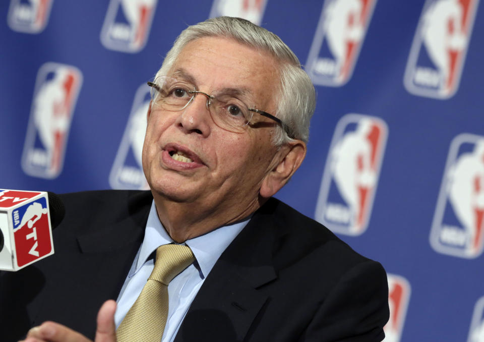 NBA Commissioner David Stern addresses reporters following the NBA Board of Governors' annual meeting in New York's St. Regis Hotel,  Friday, April 19, 2013. (AP Photo/Richard Drew)