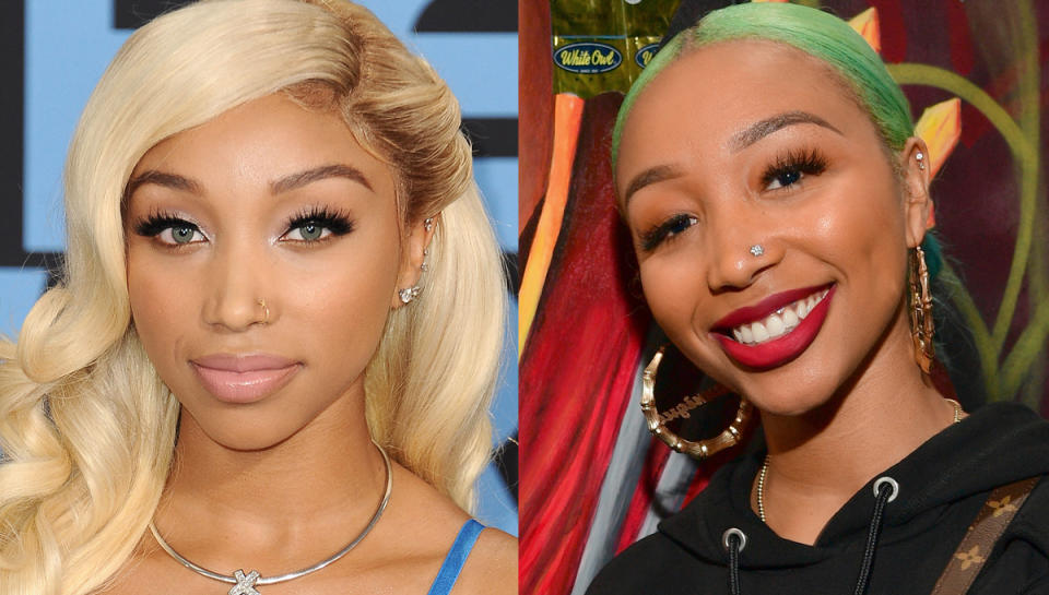 Zonnique Pullins with surgically altered eye color, left, and natural brown, right. (Photos: Getty Images)