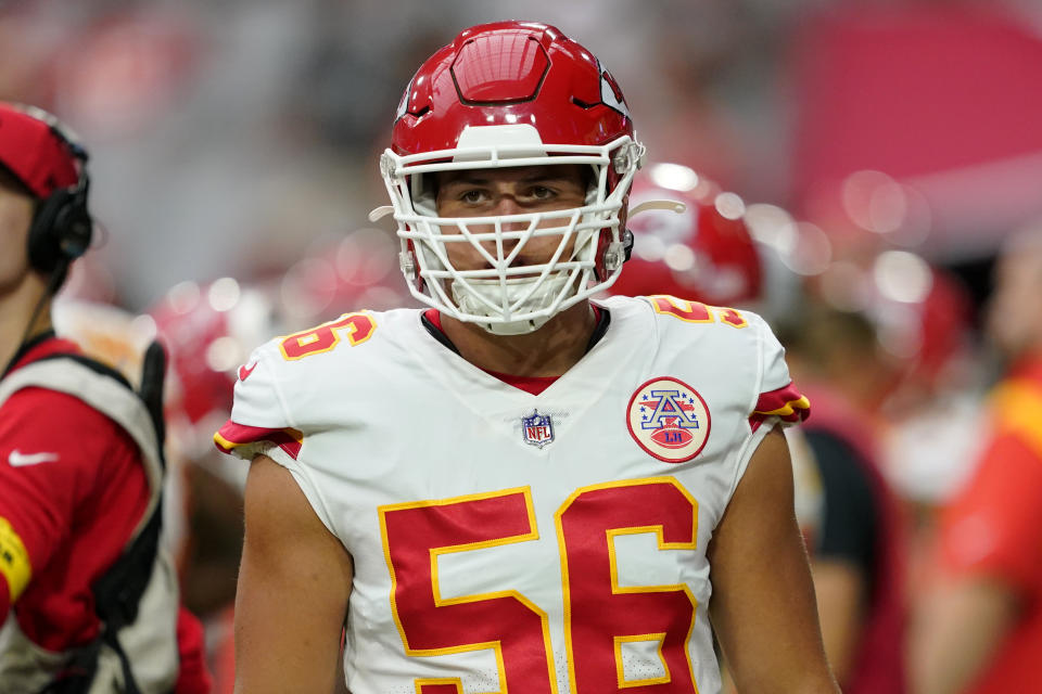 Kansas City Chiefs defensive end George Karlaftis (56) warms up prior to an NFL football game agaisnt the <a class="link " href="https://sports.yahoo.com/nfl/teams/arizona/" data-i13n="sec:content-canvas;subsec:anchor_text;elm:context_link" data-ylk="slk:Arizona Cardinals;sec:content-canvas;subsec:anchor_text;elm:context_link;itc:0">Arizona Cardinals</a>, Sunday, Sept. 11, 2022, in Glendale, Ariz. (AP Photo/Matt York)