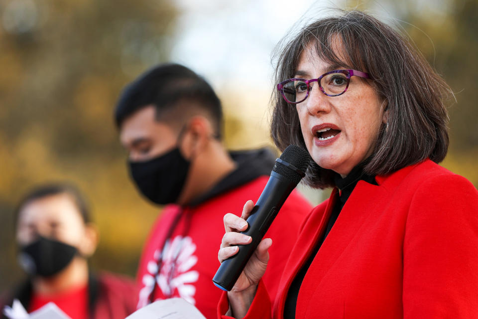 Rep. Andrea Salinas, D-Lake Oswego, speaks at a PCUN rally to kick off a campaign for farmworker overtime, a bill they're introducing again in the short legislative session, on Tuesday, Nov. 16, 2021 at the Oregon State Capitol in Salem, Ore. (Abigail Dollins / USA Today)