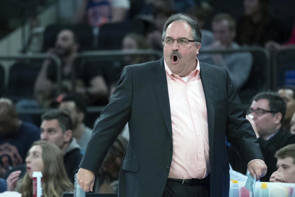 FILE - In this March 31, 2018, file photo, Detroit Pistons head coach Stan Van Gundy reacts during the first half of an NBA basketball game against the New York Knicks, at Madison Square Garden in New York. Two people with knowledge of the situation say Stan Van Gundy has agreed to become the next coach of the New Orleans Pelicans, where he’ll get the chance to work with No. 1 overall draft pick Zion Williamson. Van Gundy agreed to a four-year contract, according to one of the people who spoke Wednesday, Oct. 21, 2020, to The Associated Press on condition of anonymity because the hiring has not been announced. (AP Photo/Mary Altaffer, File)