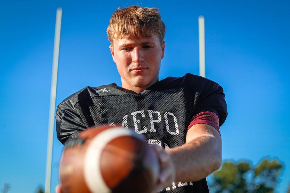 Mediapolis high school punter Drew Miller poses for a photo after practice this season. Miller is the No. 1 punter in the nation for the recruitment class of 2024.