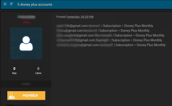 Free Disney+ login details listed on the dark web (Screenshot/ DynaRisk)