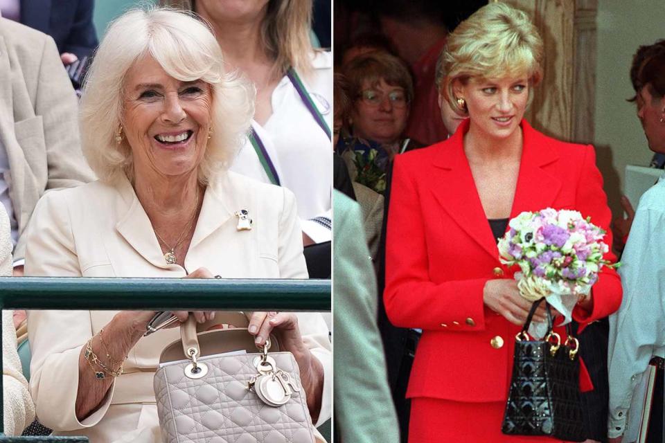 <p>Jordan Pettitt/PA Images via Getty; Mathieu Polak/Sygma via Getty</p> Queen Camilla at Wimbledon on July 10, 2024; Princess Diana at London Lighthouse in October 1996.