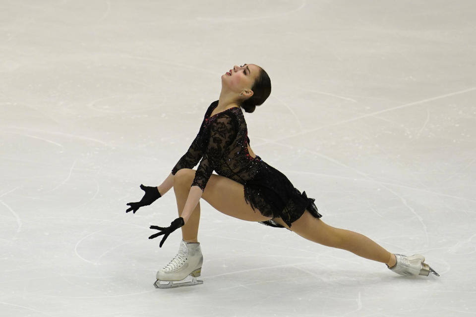 Alina Zagitova of Russia performs in the ladies short program during the ISU Grand Prix of Figure Skating in Sapporo, northern Japan, Friday, Nov. 22, 2019. (AP Photo/Toru Hanai)