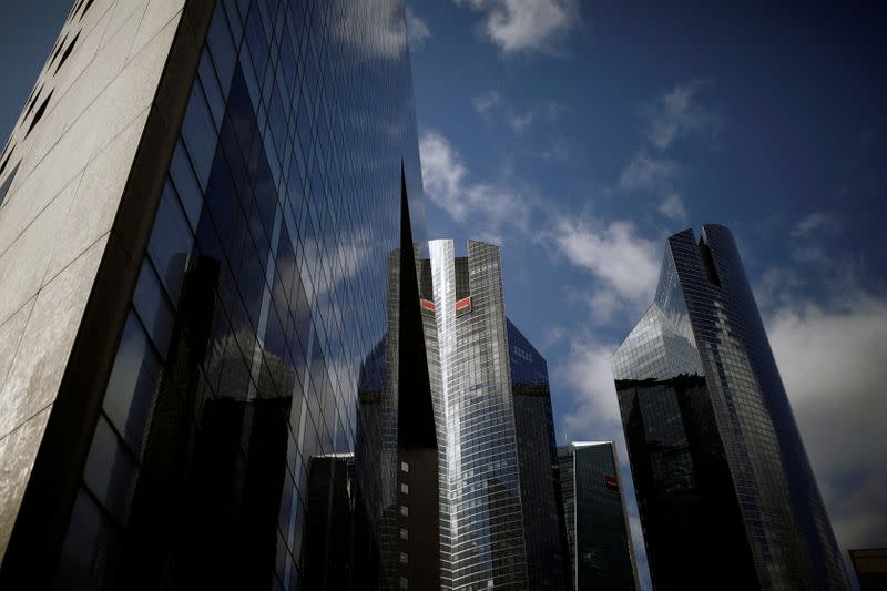 FILE PHOTO: The headquarter skyscraper offices of Societe Generale stand at the financial and business district of La Defense near Paris