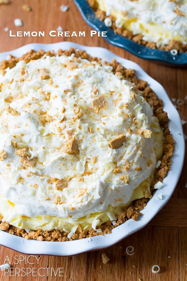 <p>No one will know you waited until the last minute to make this fluffy, gorgeous desset with a graham cracker crust. It only takes about 30 minutes to make, and is so delicious. </p><p><a href="https://www.aspicyperspective.com/lemon-cream-pie-recipe/2/" rel="nofollow noopener" target="_blank" data-ylk="slk:Get the recipe from A Spicy Perspective »;elm:context_link;itc:0;sec:content-canvas" class="link "><em>Get the recipe from A Spicy Perspective »</em></a></p>