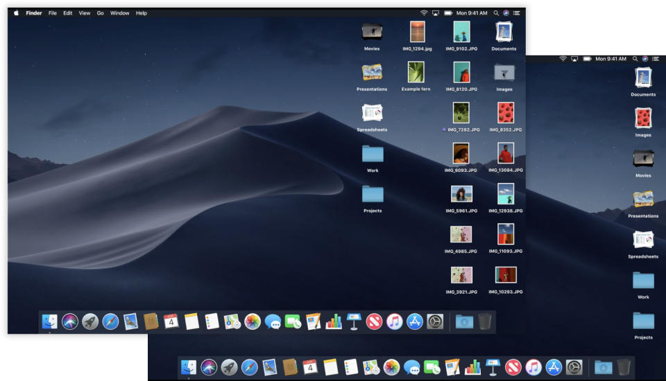 “Desktop stacks” are little piles of related icons (right) that make your messy desktop (left) neater.