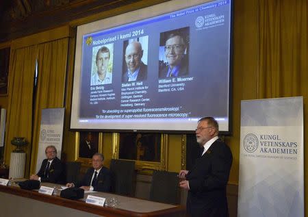 Mans Ehrenberg (bottom R) speaks next to Sven Lidin (bottom L) and Staffan Normark (bottom C) as they announce the laureates of the 2014 Nobel Prize for Chemistry, at the Royal Swedish Academy of Sciences in Stockholm October 8, 2014. REUTERS/Bertil Ericson/TT News Agency