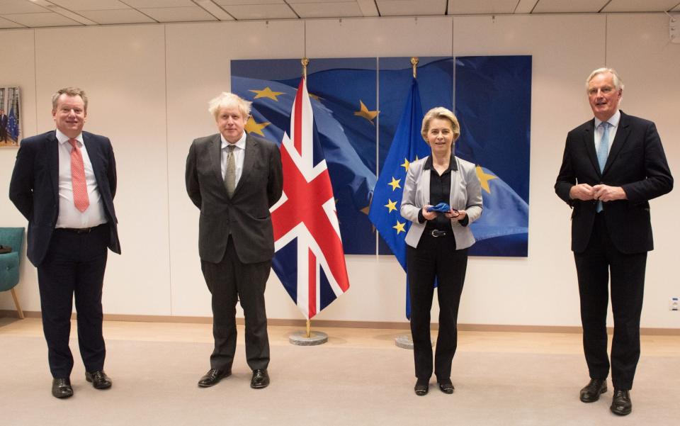 Discussing some weighty issues: the UK's chief Brexit negotiator Lord David Frost, Prime Minister Boris Johnson, European Commission president Ursula von der Leyen and EU's chief negotiator Michel Barnier in Brussels - PA