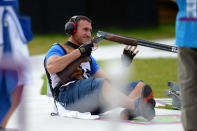 LONDON, ENGLAND - AUGUST 06: Giovanni Cernogoraz of Croatia wins the Men's Trap Shooting Final on Day 10 of the London 2012 Olympic Games at the Royal Artillery Barracks on August 6, 2012 in London, England. (Photo by Lars Baron/Getty Images)