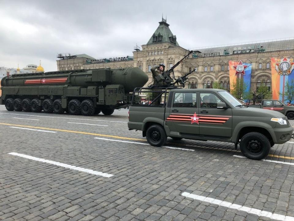 Russian Yars ballistic nuclear missiles on mobile launchers roll through Red Square during the Victory Day military parade rehearsals on May 6, 2018 in Moscow, Russia