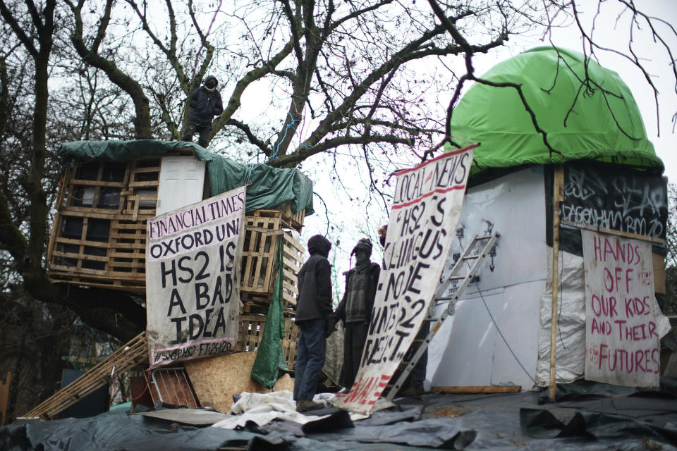 The encampment in Euston Square Gardens in central London, Wednesday Jan. 27, 2021. Protesters against a high-speed rail link between London and the north of England said Wednesday that some of them have been evicted from a park in the capital after they dug tunnels and set up a makeshift camp. (Aaron Chown/PA via AP)