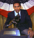 FILE - Southern Cal's O.J. Simpson poses with the Heisman Trophy at New York's Downtown Athletic Club, Dec. 5, 1968. O.J. Simpson, the decorated football superstar and Hollywood actor who was acquitted of charges he killed his former wife and her friend but later found liable in a separate civil trial, has died. He was 76. Simpson's attorney confirmed to TMZ he died Wednesday night, April 10, 2024, in Las Vegas. (AP Photo/File)