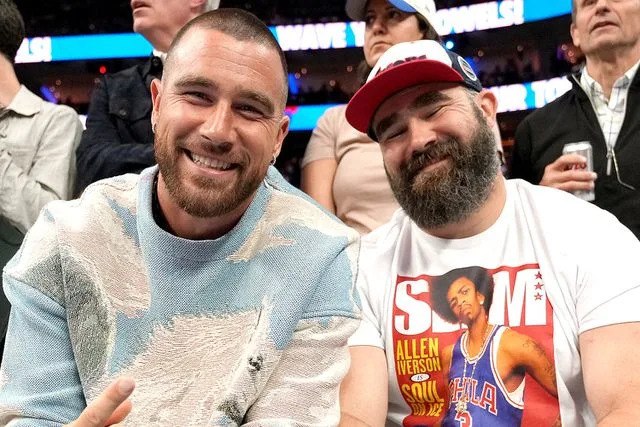 <p>Jesse D. Garrabrant/NBAE via Getty</p> Travis Kelce and Jason Kelce attend a game before the game against the Boston Celtics against the Philadelphia 76ers during Game 6 of the 2023 NBA Playoffs Eastern Conference semi-finals on May 11, 2023 at the Wells Fargo Center in Philadelphia, Pennsylvania