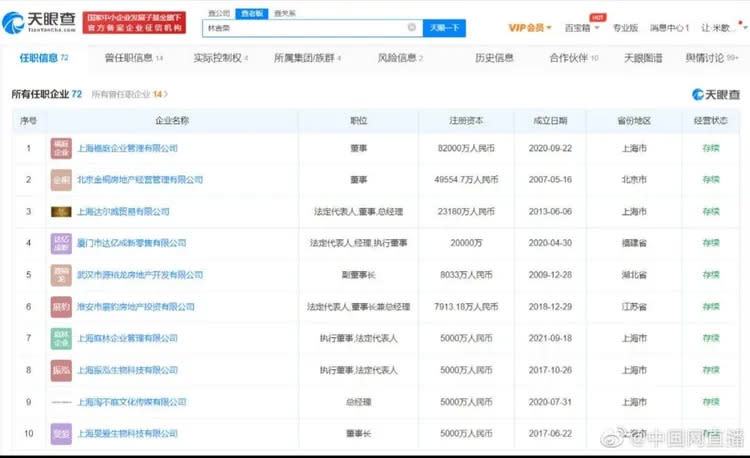 林瑞陽關聯的72家公司中存續狀態的有51家。翻攝中國網直播微博