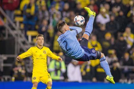 Oct 31, 2017; Columbus, OH, USA; New York City FC defender Ben Sweat (2) executes a overhead kick in the second half against the Columbus Crew SC at MAPFRE Stadium. Mandatory Credit: Trevor Ruszkowski-USA TODAY Sports