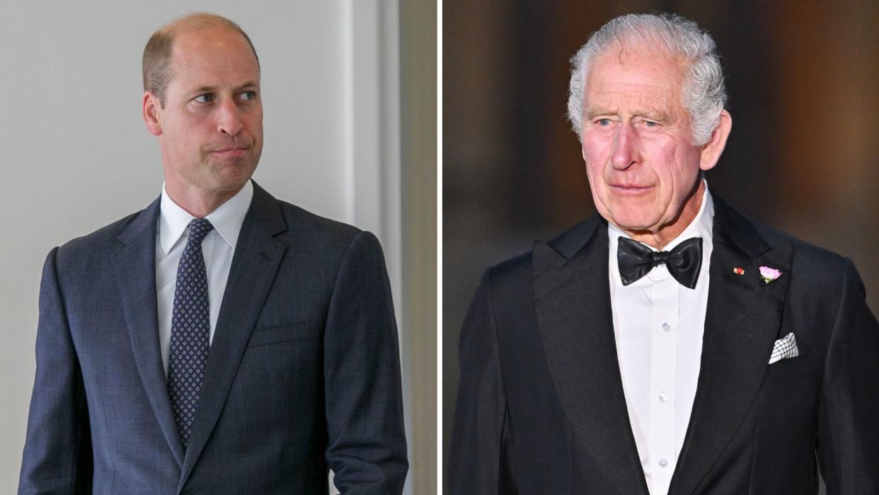  Prince William's "manner of nerves" at solo engagement explained. Seen here are Prince William and King Charles at different occasions. 