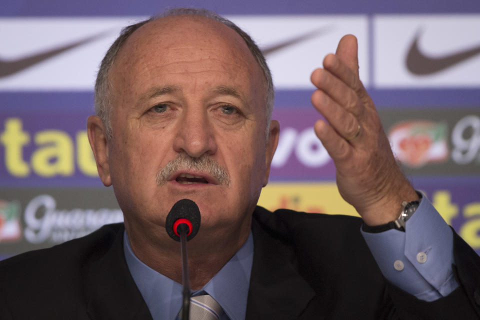 Brazil's soccer coach Luiz Felipe Scolari announces his list of players for the 2014 Soccer World Cup during a news conference in Rio de Janeiro, Brazil, Wednesday, May 7, 2014. (AP Photo/Felipe Dana)