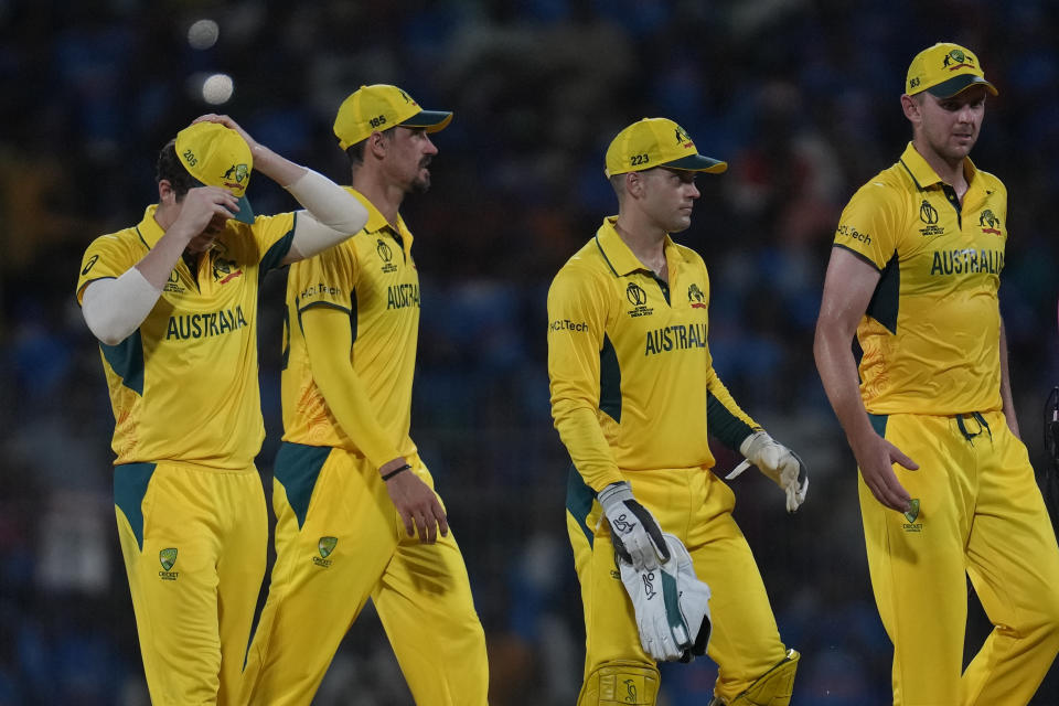 Australian players leaves the ground after losing ICC Cricket World Cup match against India in Chennai, India, Sunday, Oct. 8, 2023. (AP Photo/Rafiq Maqbool)