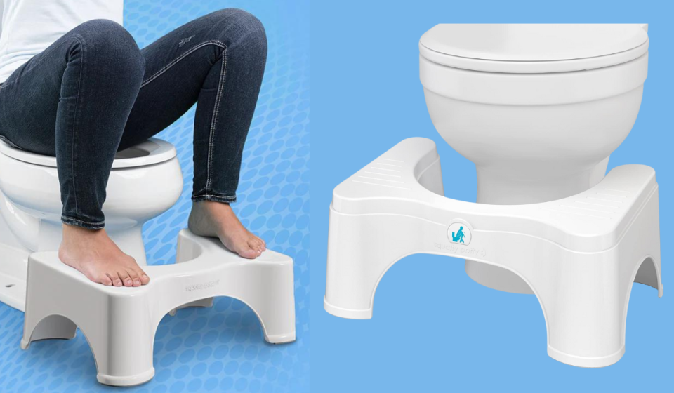 person demonstrating a squat potty with feet on the bench/squat potty in front of a toilet